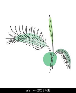 One single line drawing palm faux areca leaf vector illustration. Tropical leaves style, abstract floral pattern concept for poster, home wall decor p Stock Vector