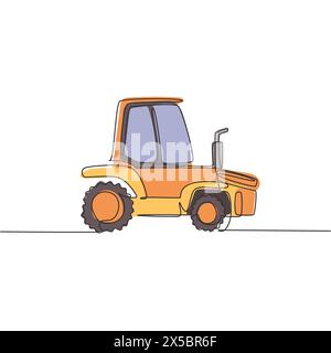 One single line drawing of harvester truck for harvest farming vector illustration. Business heavy tractor machines vehicles construction concept. Mod Stock Vector