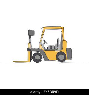 One continuous line drawing of metal forklift for lifting materials in warehouse. Heavy goods loading cargo equipment concept. Dynamic single line dra Stock Vector