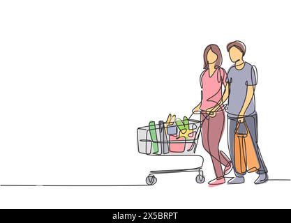 Single continuous line drawing young happy romantic couple pushing trolley and shopping daily goods together at hypermarket. Shopping concept. One lin Stock Vector