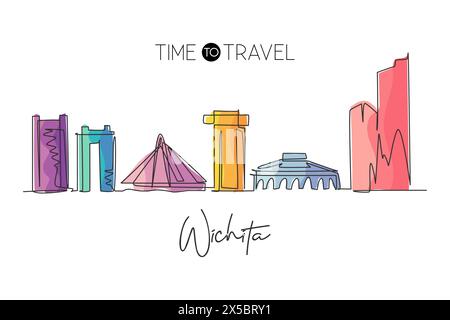 One continuous line drawing of Wichita city skyline, Kansas. World beautiful landscape tourism and travel vacation for wall decor print. Stylish singl Stock Vector