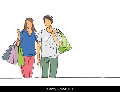 Single continuous line drawing young happy romantic couple holding paper bags while shopping together at mall. Buying fashion and cosmetic concept. On Stock Vector