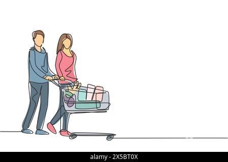 One continuous line drawing young happy romantic couple pushing trolley full of daily goods, vegetables, fruits, milk together. Shopping in grocery st Stock Vector