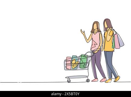 One continuous line drawing two happy friend women pushing trolley and holding paper bags when shopping together at super market. Shopping in hypermar Stock Vector