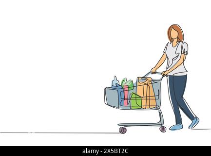 One continuous line drawing young happy female pushing trolley at supermarket while shopping fruits, vegetables, breads, milk. Shopping in hypermarket Stock Vector