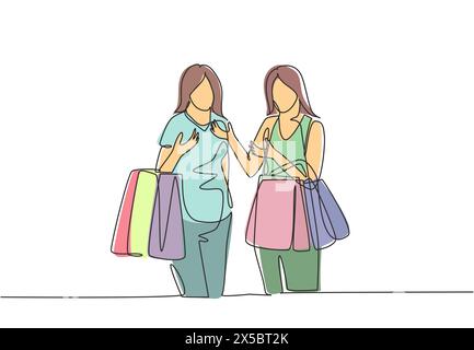 One continuous line drawing two young happy women friend holding paper bags while shopping together. Shopping clothing, dress, fashion, makeup in mall Stock Vector