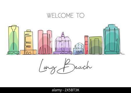 One single line drawing of Long Beach city skyline, California. Town landscape for home wall decor poster. Best holiday destination. Trendy continuous Stock Vector