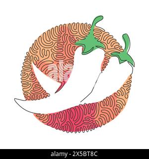 Single one line drawing whole healthy organic hot chilies for farm logo. Fresh chili peppers concept for vegetable icon. Swirl curl circle background Stock Vector