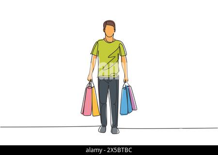Single continuous line drawing young happy man walking and holding paper bags after buying personal needs at mall. Business shopping concept. One line Stock Vector
