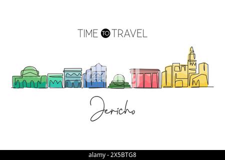 One single line drawing of Jericho city skyline, Palestine. Town landscape for home wall decor poster. Best holiday destination. Trendy continuous lin Stock Vector