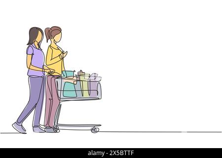 One continuous line drawing two young beauty happy woman shopping and pushing trolley together at supermarket to buy daily organic products. Shopping Stock Vector