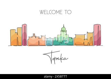 One continuous line drawing of Topeka city skyline, Kansas. Beautiful landmark. World landscape tourism travel home wall decor poster print. Stylish s Stock Vector