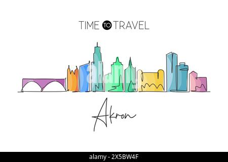 Single continuous line drawing Akron city skyline, Ohio. Famous city scraper landscape. World travel home wall decor art poster print concept. Modern Stock Vector