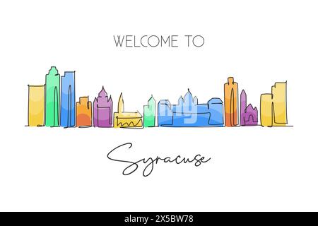 Single continuous line drawing Syracuse skyline, New York State. Famous city scraper landscape. World travel home wall decor art poster print concept. Stock Vector