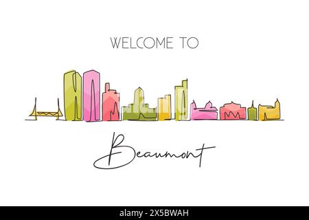 One continuous line drawing Beaumont city skyline, Texas. Beautiful landmark art sign. World landscape tourism travel home wall decor poster print. St Stock Vector