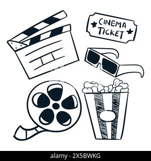 Cinema movie doodle scribble set vector icons. cinema film director scribble objects. cinema elements drawing vector. Stock Vector