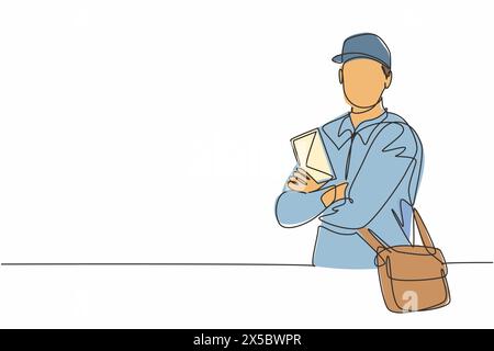 Single continuous line drawing of young postman cross arm on chest and holding envelope letters. Professional work job occupation. Minimalism concept Stock Vector