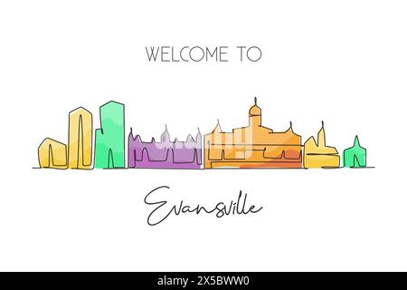 One continuous line drawing of Evansville city skyline, Indiana. Beautiful landmark. World landscape tourism travel home wall decor poster print. Styl Stock Vector