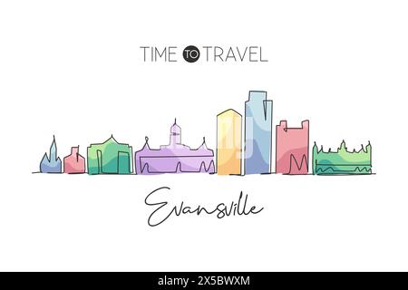 One continuous line drawing of Evansville city skyline, Indiana. Beautiful landmark. World landscape tourism travel home wall decor poster print. Styl Stock Vector