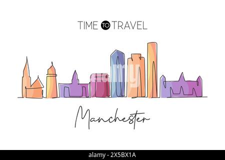 Single continuous line drawing Manchester skyline, New Hampshire. Famous city scraper landscape. World travel home wall decor art poster print concept Stock Vector