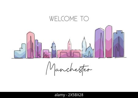 One single line drawing Manchester city skyline, New Hampshire. World historic town landscape. Best holiday destination postcard. Editable stroke tren Stock Vector