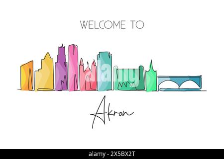 One continuous line drawing of Akron city skyline, Ohio. Beautiful landmark. Beautiful world landscape tourism travel wall decor poster, postcard. Sty Stock Vector