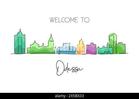 One single line drawing Odessa city skyline, Texas. World historical town landscape postcard. Best holiday destination. Editable stroke trendy continu Stock Vector