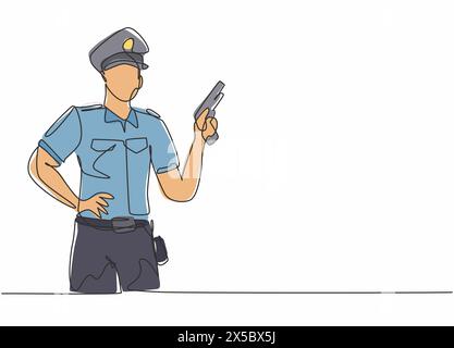 Continuous one line drawing of young policeman wearing uniform and holding hand revolver gun. Professional job profession minimalist concept. Single l Stock Vector