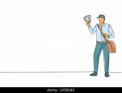Continuous one line drawing of young mailman pose standing and holding envelopes while bringing bag. Professional job profession minimalist concept. S Stock Vector