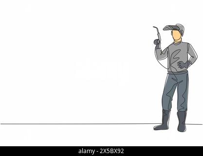Continuous one line drawing of young male welder pose standing and holding a welding machine nozzle. Professional job profession minimalist concept. S Stock Vector