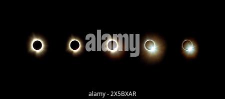 A panoramic series of a total solar eclipse, captured 8 April 2024. Stock Photo