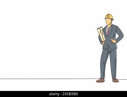 Single continuous line drawing young male architect wearing helmet while holding blueprint paper. Professional work job occupation. Minimalism concept Stock Vector