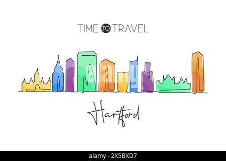 One continuous line drawing of Hartford city skyline, Connecticut. Beautiful landmark. World landscape tourism travel home wall decor poster print. St Stock Vector