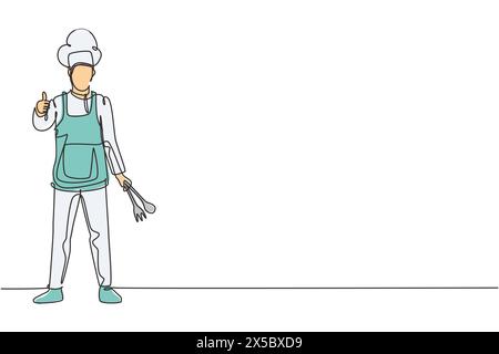 Single one line drawing of chef stands with a thumbs-up gesture and the cooking uniform prepares the ingredients to cook the best dishes. Modern conti Stock Vector
