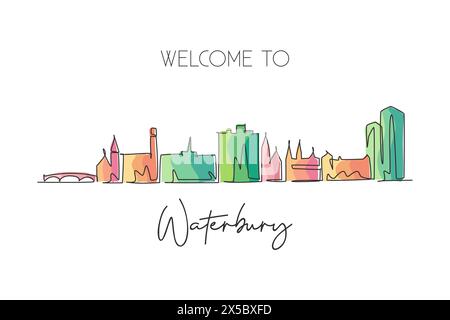 One single line drawing Waterbury city skyline, Connecticut. World historical town landscape. Best holiday destination postcard. Editable stroke trend Stock Vector