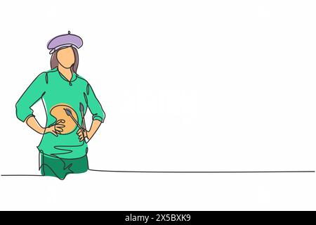Continuous one line drawing of young female beautiful talented painter artist with hands on hip. Professional job profession minimalist concept. Singl Stock Vector