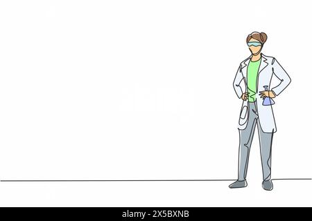 Single continuous line drawing of young female scientist standing and holding hands on hip. Professional work job occupation. Minimalism concept one l Stock Vector