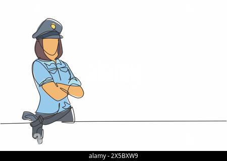Single continuous line drawing of young beauty police woman in uniform posing cross arms on chest. Professional work job occupation. Minimalism concep Stock Vector