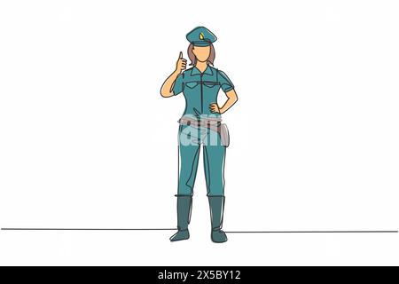 Continuous one line drawing the policewoman standing with a thumbs-up gesture and in full uniform works to control vehicle traffic on the highway. Sin Stock Vector