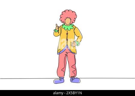Continuous one line drawing clown stands with a thumbs-up gesture wearing wig and clown costume ready to entertain the audience in the circus arena. S Stock Vector