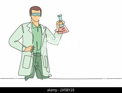 Single continuous line drawing of young male scientist working on laboratory to find flu vaccine. Professional work job occupation. Minimalism concept Stock Vector