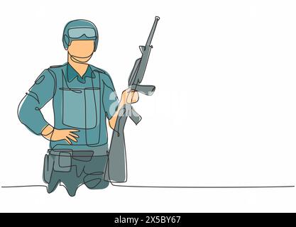 Single one line drawing of young male soldier holding riffle weapon. Professional work profession and occupation minimal concept. Continuous line draw Stock Vector