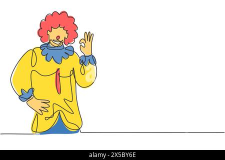 Single one line drawing clown with gesture okay, wearing wig and smiling face makeup, entertaining kids at birthday party. Good perform. Modern contin Stock Vector