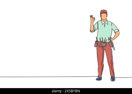 Single continuous line drawing handyman stands with gesture okay and tools such as pliers, screwdriver, hammer that placed on his work shirt. Dynamic Stock Vector