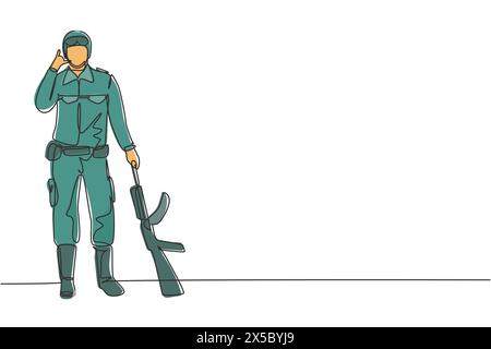 Single continuous line drawing soldier stands with weapon, uniform, and call me gesture serving the country with strength of military forces. Dynamic Stock Vector