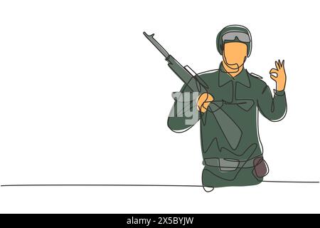 Single continuous line drawing soldier with weapon, full uniform, gesture okay is ready to defend the country on battlefield against enemy. Dynamic on Stock Vector