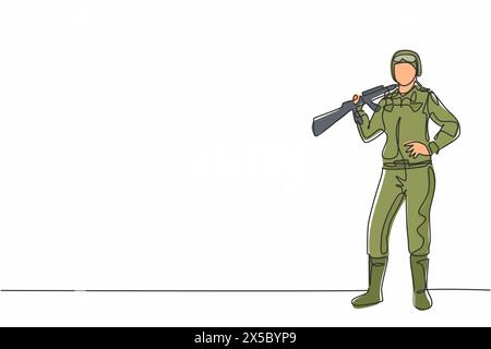 Single one line drawing young female soldier standing and pose with hands on hip. Professional work profession and occupation minimal concept. Continu Stock Vector