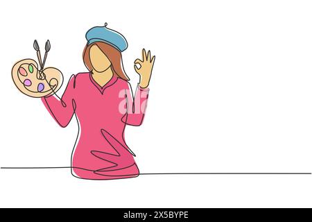 Single one line drawing female artist painter with gesture okay using painting tools such as brushes, canvas, and watercolors in producing art. Contin Stock Vector