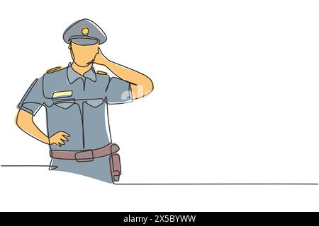 Single continuous line drawing policeman with call me gesture and uniform is ready to enforce traffic discipline on highway. Standby patrol. Dynamic o Stock Vector