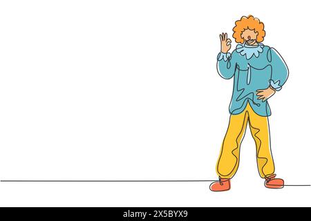 Single continuous line drawing clown stands with gesture okay wearing wig and clown costume ready to entertain the audience in circus arena. Dynamic o Stock Vector